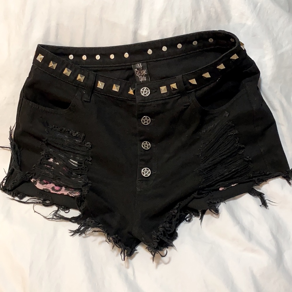 Grave Girls black frayed hem studded leopard denim shorts